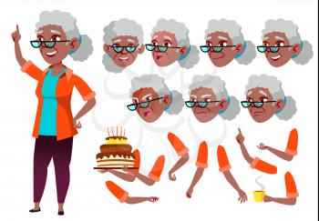 Old Woman Vector. Senior Person. Black. Afro American. Aged, Elderly People. Beauty, Lifestyle. Face Emotions, Various Gestures Animation Creation Set Isolated Flat Cartoon Illustration