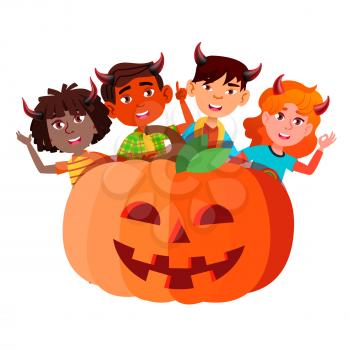 Group Of Children With Devil Horns Peeking Out From Large Pumpkin Vector. Halloween Illustration