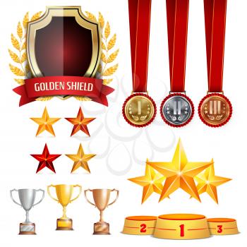 Trophy Awards Cups, Golden Laurel Wreath With Red Ribbon. Realistic Golden, Silver, Bronze Achievement Medals. Placement Podium. Isolated Vector Illustration