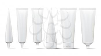 Cosmetic Tube Set. Vector Mock Up. Cosmetic, Cream, Tooth Paste, Glue White Plastic Tubes Open And Closed Set