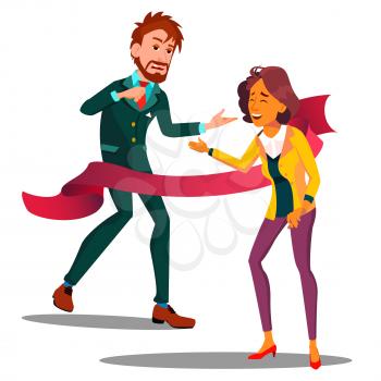 Help A Colleague, Woman Dragging The Hand Of Tired Colleague To The Finish Vector. Illustration