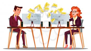 Business Correspondence, Envelopes Flying At The Table Of Manager Vector. Illustration
