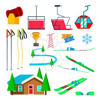 Skiing Icons Set Vector. Skiing Accessories. Skis, Snow Gun, Snowflake, Lift, Elevator, Mountains, Winter Sport Glasses Isolated Flat Illustration