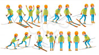 Skiing Male Vector. Holidays. Cross Country Skiing. Playing In Different Poses. Man. Isolated On White Cartoon Character Illustration