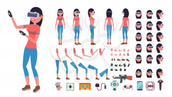 Woman In Virtual Reality Headset Vector. Animated Character Creation Set. 3D VR Glasses. Full Length, Front, Side, Back View, Accessories, Poses, Emotions, Gestures Virtual Reality Illustration