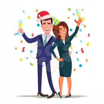 Corporate Christmas Party Vector. Smiling Drunk Man And Woman. Relaxing Celebrating Winter Concept. End Of The Years Party At Restaurant Or Office. Isolated Illustration