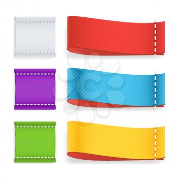 Color Label Fabric Blank Vector. Realistic Set Bright Blank Fabric Labels Or Badges