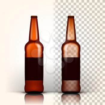 Beer Bottle Vector. Empty Glass For Craft Beer. Mockup Blank Template. 3D Transparent Isolated Realistic Illustration