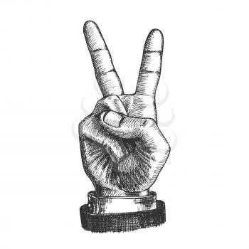 Hand Gesture Peace Symbol Two Finger Up Vector. Man Arm Gesture Showing Scissors Or Freedom Sign. Male Wrist Gesturing Cheer Signal Black And White Hand Drawn Closeup Cartoon Illustration