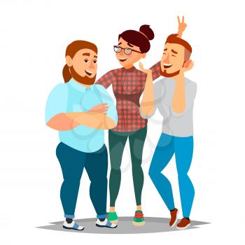 People Group Taking Photo Vector. Laughing Friends, Office Colleagues. Man And Women Take A Picture. Friendship Concept. Isolated Cartoon Illustration