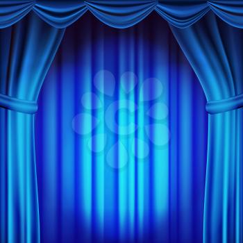 Blue Theater Curtain Vector. Theater, Opera Or Cinema Scene. Realistic Illustration