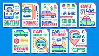 Car Dealership Advertising Posters Set Vector. Car Purchase And Insurance, Diagnostics And Repair Service, Gps Navigation System Promotional Banners. Concept Template Style Color Illustrations
