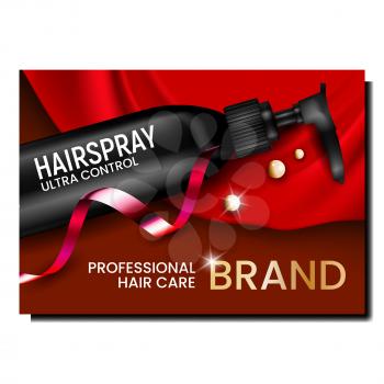 Hairspray Bottle Creative Promotion Banner Vector. Professional Hair Care Hairspray Blank Package With Pump, Drop And Ribbon On Advertising Poster. Hairdresser Gel Style Concept Template Illustration