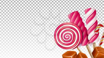 Toffee Caramel And Lollipop Sweet Candies Vector. Delicious Sugary Candies Dessert, Sweetness Nutrition Lollypop On Stick. Yummy Sweet Licking Food Template Realistic 3d Illustration