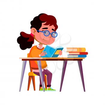 Girl Child Reading Education Book At Table Vector. Asian Little Lady Kid Read Educational Book At Desk, Doing Homework Exercise. Character Schoolgirl Interesting Literature Flat Cartoon Illustration