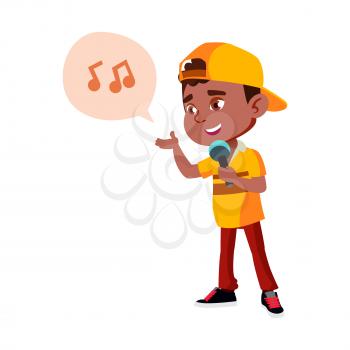 Boy Kid Singer Singing Song In Microphone Vector. African Infant Singing Song In Mic Electronic Device. Character Preteen Karaoke Recreational Active Time Flat Cartoon Illustration