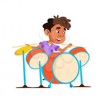 Boy Kid Playing Rock And Roll On Drum Kit Vector. African Child Play On Drum Musician Instrument With Drumstick. Character Player Infant Performing Music Melody Flat Cartoon Illustration