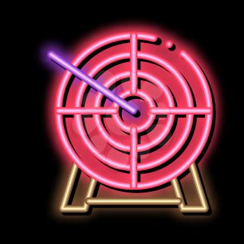 Arrow In Center Of Target neon light sign vector. Glowing bright icon Archery Arrow Bullseye Accuracy Wooden Desk Sportive Tools sign. transparent symbol illustration