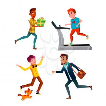 Teen Boys Hurry Running And Exercising Set Vector. Teenager Hurry Running At Work And Birthday Party With Gift, Happy Run In Park With Animal And Training. Characters Flat Cartoon Illustrations