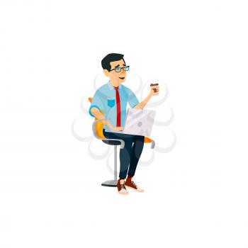 laughing man working on laptop and drinking coffee on office chair cartoon vector. laughing man working on laptop and drinking coffee on office chair character. isolated flat cartoon illustration