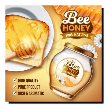 Honey bee food product label. Organic banner template. Apiary nutrition. Sticky liquid. 3d realistic vector
