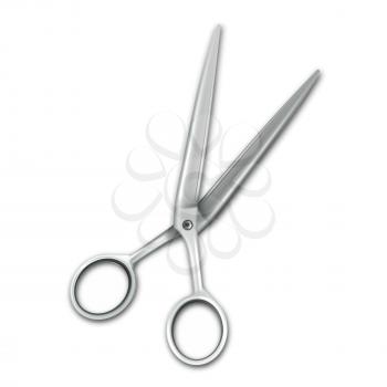 Scissors Hairdresser Tool For Make Haircut Vector. Metallic Scissors Equipment For Cut Hair In Beauty Salon Or Barbershop. Metal Material Barber Accessory Template Realistic 3d Illustration