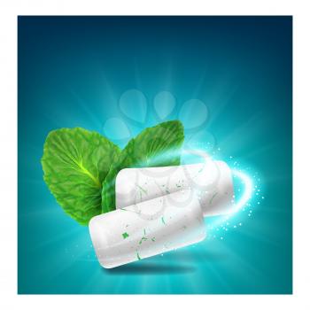 Mint Bubble Gum Creative Promotion Poster Vector. Chewing Gum Pieces And Natural Fresh Green Leaves On Advertising Banner. Dental Care And Fresh Breath Style Concept Template Illustration