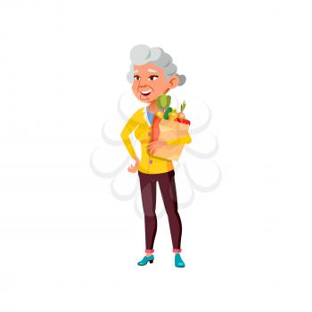 aged woman vegan with vegetables bag in market cartoon vector. aged woman vegan with vegetables bag in market character. isolated flat cartoon illustration