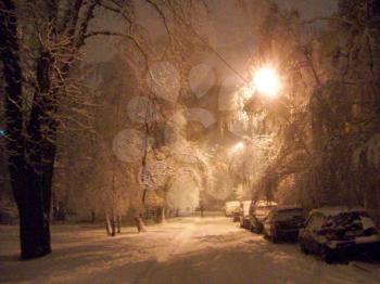 Winter snow in the evening snow city