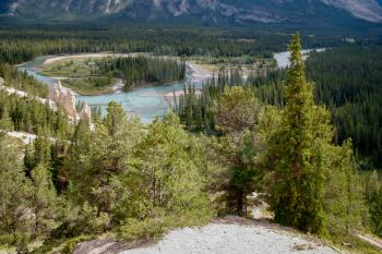 Scenic view of the Bow River and the Hoodoos near Banff in Alberta