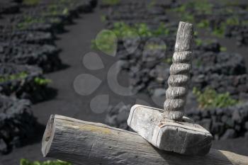 Partial view of an old wooden grape press in Lanzarote