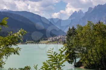 AURONZO DI CADORE, VENETO/ITALY - AUGUST 9 : View of Santa Caterina Lake at Auronzo di Cadore, Veneto, Italy on August 9, 2020
