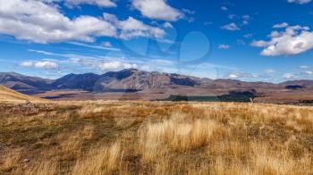 Countryside and distant mountains near Tekapo in New Zealand