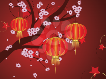 Paper chinese lantern on branch of blooming sakura.