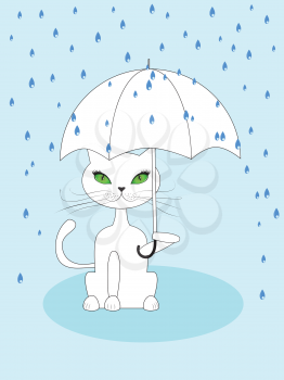 Cartoon cat with green eyes holding umbrella on blue rainy background.