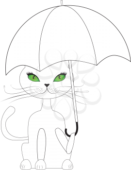 Cartoon cat with green eyes holding umbrella, illustration in black and white colors.