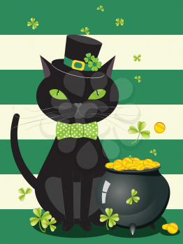 Cartoon black cat wears bow tie and hat with green shamrock design.