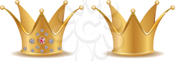 Precious golden crown with diamonds on white background.