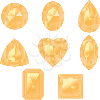 Precious gemstones, crystals of yellow color in different shapes collection.