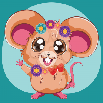 Cartoon kawaii anime mouse or rat with colorful flowers design.