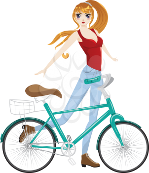 Cartoon girl stand near bicycle on white background.