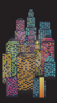 Abstract modern skyscrapers with colorful windows, retro background.