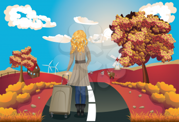 Autumn rural landscape with a road, trees and girl tourist illustration.