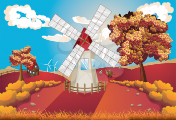 Autumn rural landscape with windmill and trees illustration.
