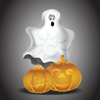 Funny white Halloween ghost and two pumpkins on grey background.