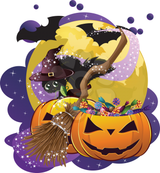 Abstract Halloween card with black cat in witch hat, pumpkins, broom and full moon.