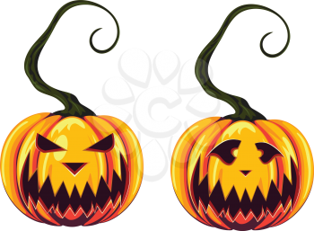 Halloween pumpkins with scary faces on white background.