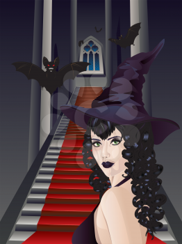 Vintage gothic room interior with stairs and witch or vampire.