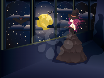 Dark witch in long black dress on balcony, night sky with full moon.