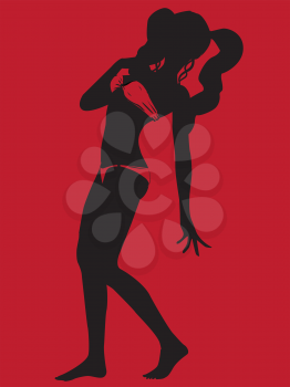 Dark red background with female silhouette in red bikini.